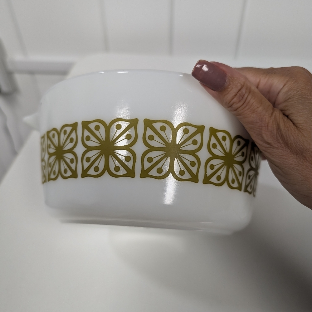 VTG 1960s Pyrex Verde Green Autumn Floral MCM Casserole Bowl 474, 1 1/2 Qt